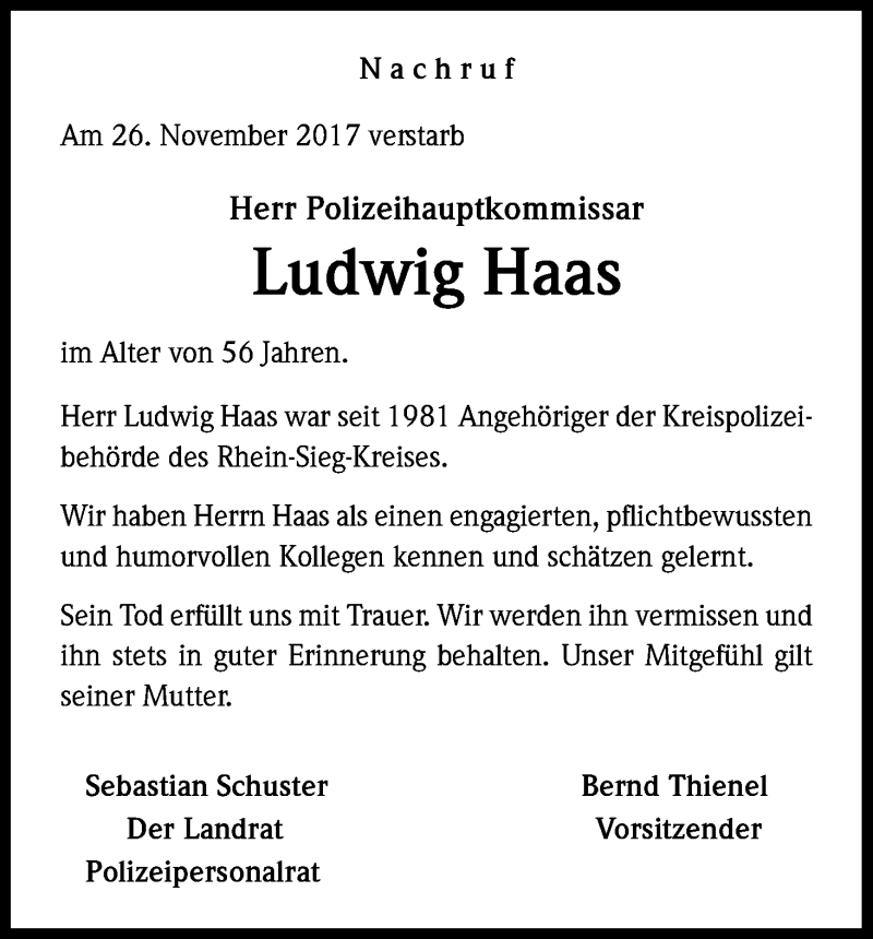  Traueranzeige für Ludwig Haas vom 01.12.2017 aus Kölner Stadt-Anzeiger / Kölnische Rundschau / Express