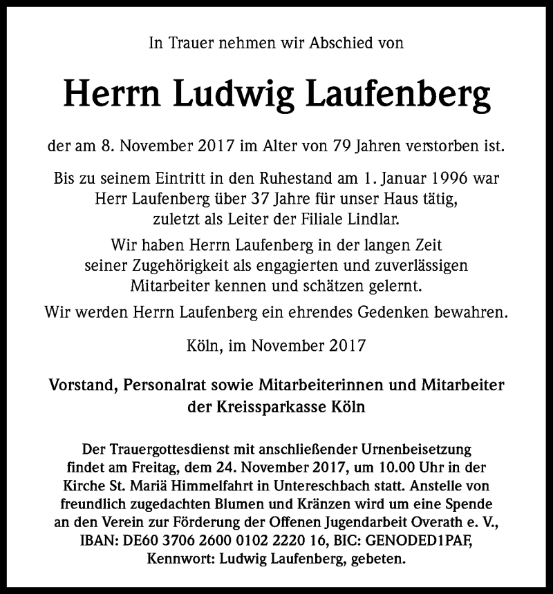  Traueranzeige für Ludwig Laufenbach vom 20.11.2017 aus Kölner Stadt-Anzeiger / Kölnische Rundschau / Express