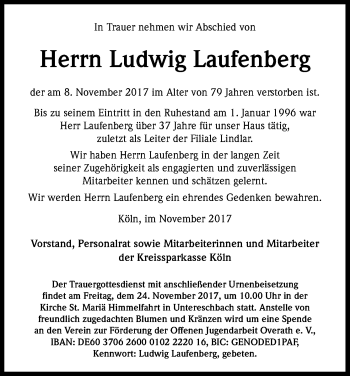 Anzeige von Ludwig Laufenbach von Kölner Stadt-Anzeiger / Kölnische Rundschau / Express