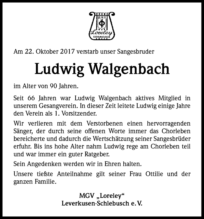  Traueranzeige für Ludwig Walgenbach vom 13.11.2017 aus Kölner Stadt-Anzeiger / Kölnische Rundschau / Express