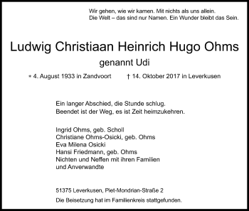 Anzeige von Ludwig Christiaan Heinrich Hugo Ohms von Kölner Stadt-Anzeiger / Kölnische Rundschau / Express