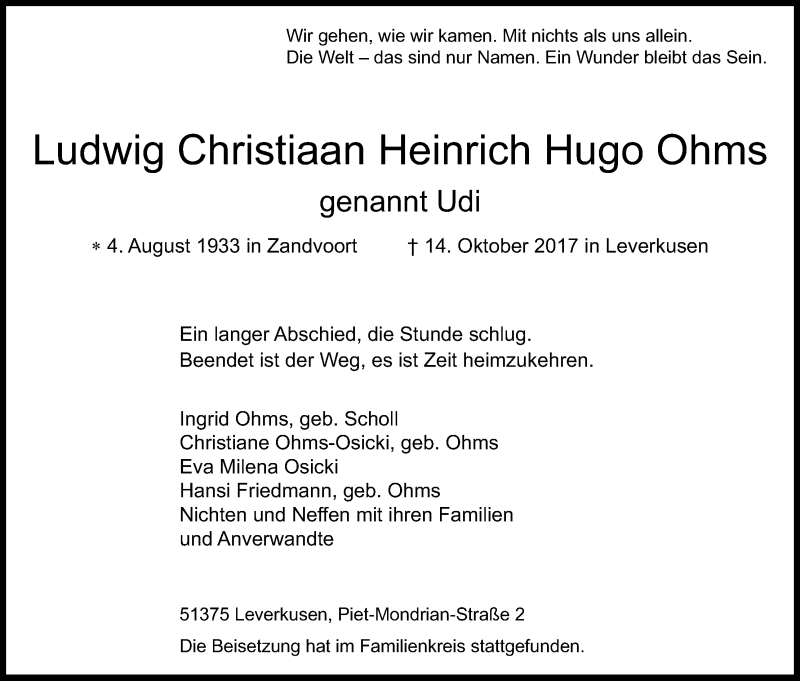  Traueranzeige für Ludwig Christiaan Heinrich Hugo Ohms vom 04.11.2017 aus Kölner Stadt-Anzeiger / Kölnische Rundschau / Express