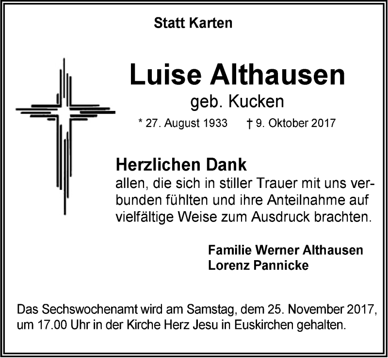  Traueranzeige für Luise Althausen vom 18.11.2017 aus  Blickpunkt Euskirchen 