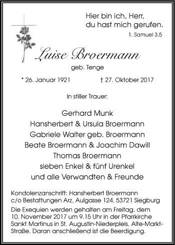 Anzeige von Luise Broermann von Kölner Stadt-Anzeiger / Kölnische Rundschau / Express