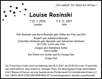 Anzeige von Luise Rosinski von Kölner Stadt-Anzeiger / Kölnische Rundschau / Express