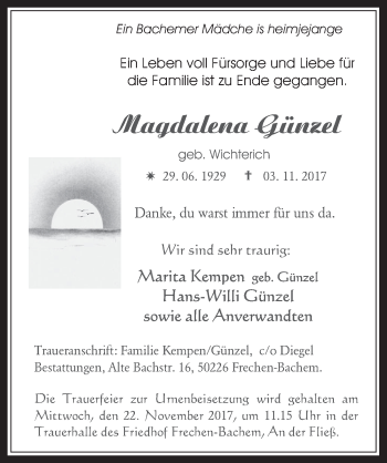 Anzeige von Magdalena Günzel von  Wochenende 