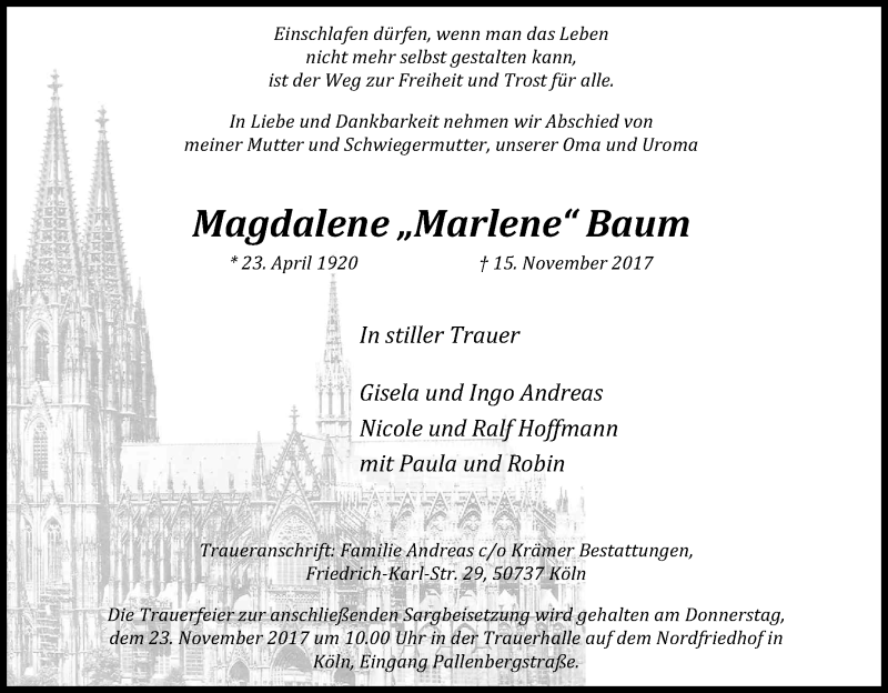  Traueranzeige für Magdalene Baum vom 18.11.2017 aus Kölner Stadt-Anzeiger / Kölnische Rundschau / Express