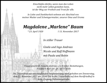 Anzeige von Magdalene Baum von Kölner Stadt-Anzeiger / Kölnische Rundschau / Express