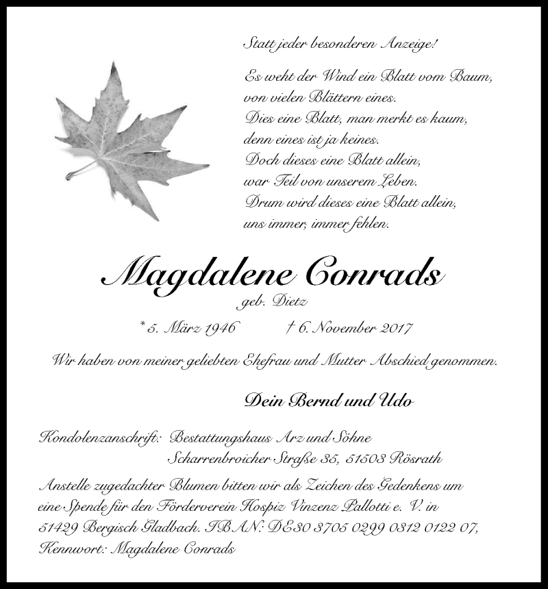  Traueranzeige für Magdalene Conrads vom 25.11.2017 aus Kölner Stadt-Anzeiger / Kölnische Rundschau / Express
