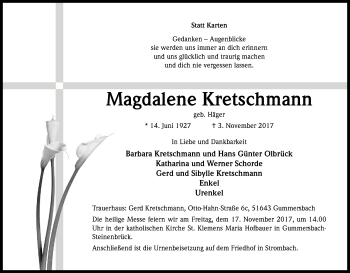 Anzeige von Magdalene Kretschmann von Kölner Stadt-Anzeiger / Kölnische Rundschau / Express
