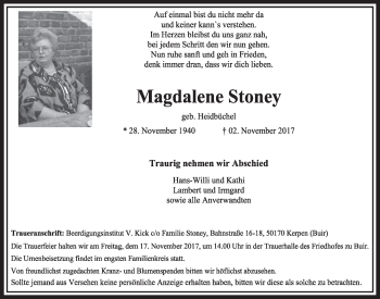 Anzeige von Magdalene Stoney von  Sonntags-Post 