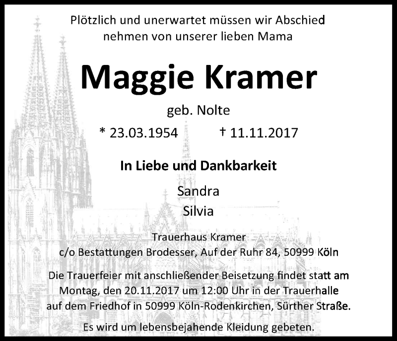  Traueranzeige für Maggie Kramer vom 18.11.2017 aus Kölner Stadt-Anzeiger / Kölnische Rundschau / Express