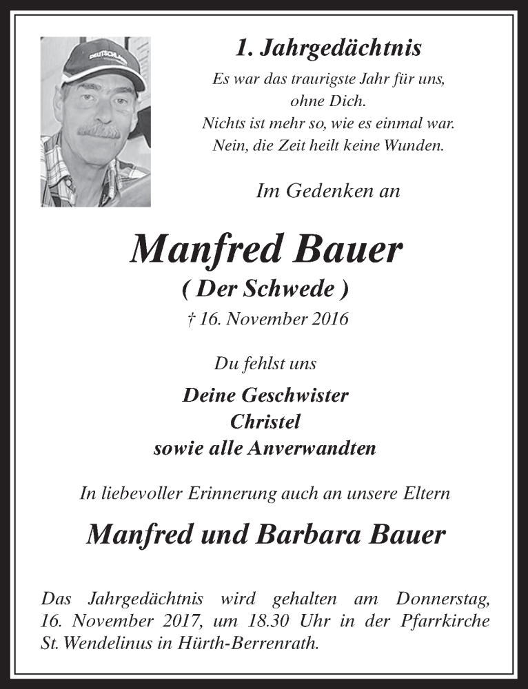  Traueranzeige für Manfred Bauer vom 15.11.2017 aus  Wochenende 