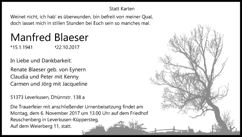  Traueranzeige für Manfred Blaeser vom 02.11.2017 aus Kölner Stadt-Anzeiger / Kölnische Rundschau / Express