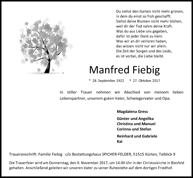  Traueranzeige für Manfred Fiebig vom 04.11.2017 aus Kölner Stadt-Anzeiger / Kölnische Rundschau / Express