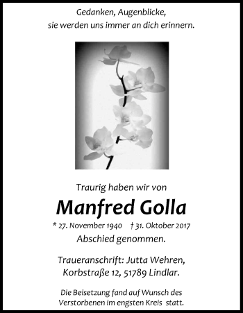 Anzeige von Manfred Golla von Kölner Stadt-Anzeiger / Kölnische Rundschau / Express