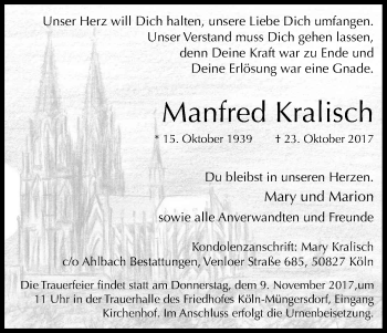 Anzeige von Manfred Kralisch von Kölner Stadt-Anzeiger / Kölnische Rundschau / Express