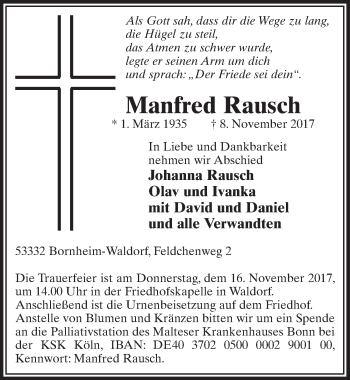 Anzeige von Manfred Rausch von  Schaufenster/Blickpunkt  Schlossbote/Werbekurier 