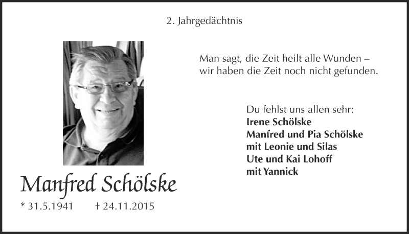  Traueranzeige für Manfred Schölske vom 22.11.2017 aus  Kölner Wochenspiegel 