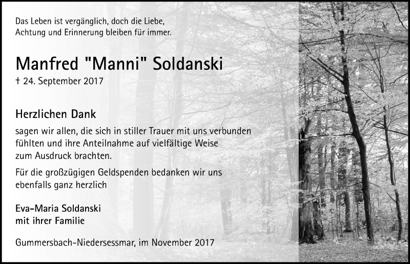  Traueranzeige für Manfred  Soldanski vom 15.11.2017 aus  Anzeigen Echo 
