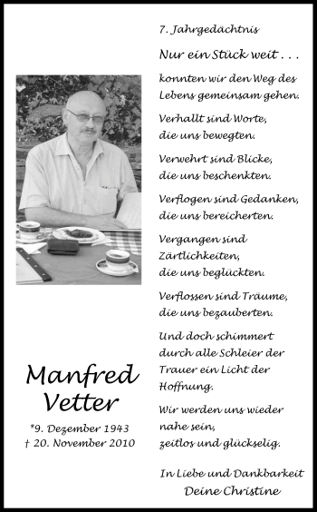 Anzeige von Manfred Vetter von Kölner Stadt-Anzeiger / Kölnische Rundschau / Express