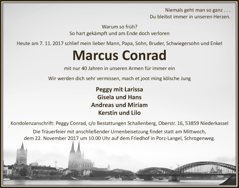  Traueranzeige für Marcus Conrad vom 15.11.2017 aus  Kölner Wochenspiegel 