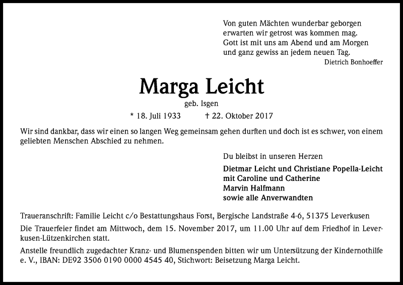  Traueranzeige für Marga Leicht vom 08.11.2017 aus Kölner Stadt-Anzeiger / Kölnische Rundschau / Express