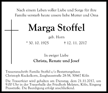 Anzeige von Marga Stoffel von Kölner Stadt-Anzeiger / Kölnische Rundschau / Express