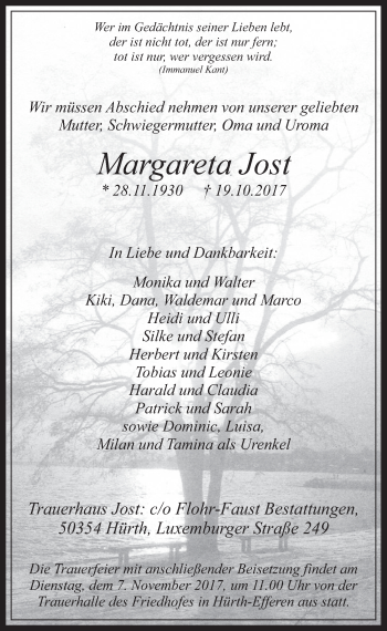Anzeige von Margareta Jost von  Wochenende 