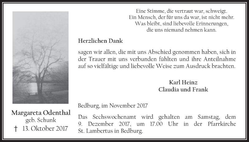  Traueranzeige für Margareta Odenthal vom 29.11.2017 aus  Werbepost 