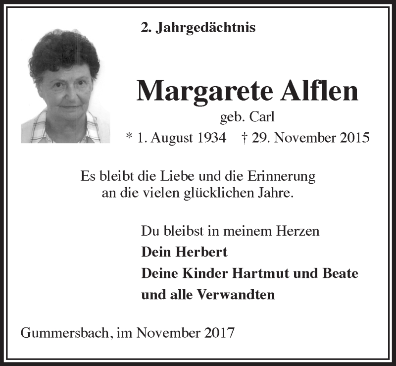  Traueranzeige für Margarete Alflen vom 29.11.2017 aus  Anzeigen Echo 