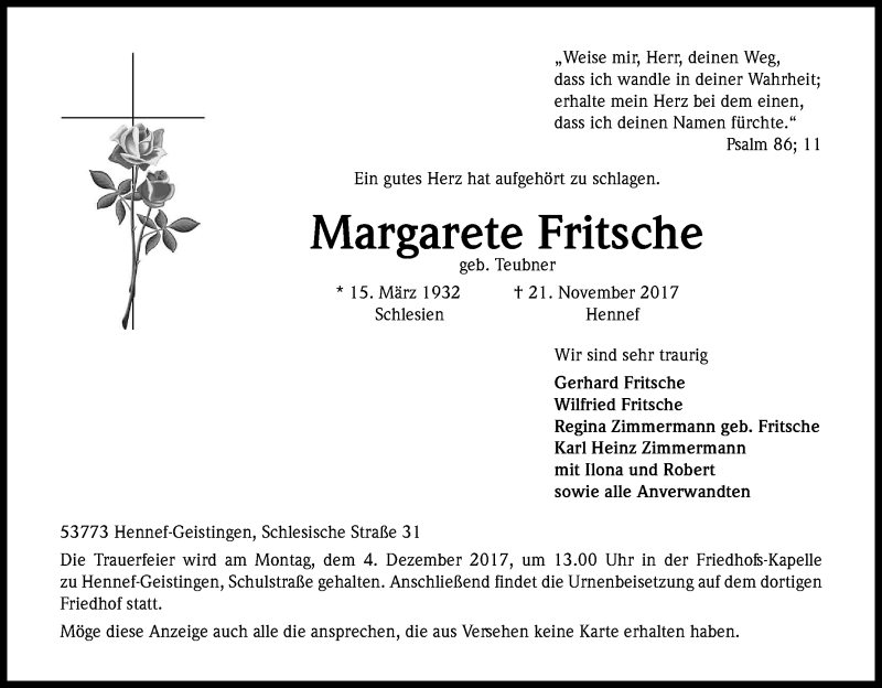  Traueranzeige für Margarete Fritsche vom 29.11.2017 aus Kölner Stadt-Anzeiger / Kölnische Rundschau / Express