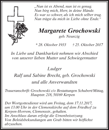 Anzeige von Margarete Grochowski von  Sonntags-Post 