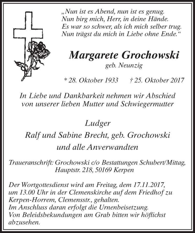  Traueranzeige für Margarete Grochowski vom 11.11.2017 aus  Sonntags-Post 