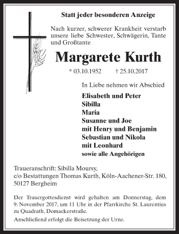 Anzeige von Margarete Kurth von  Werbepost 