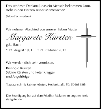 Anzeige von Margarete Kürsten von Kölner Stadt-Anzeiger / Kölnische Rundschau / Express