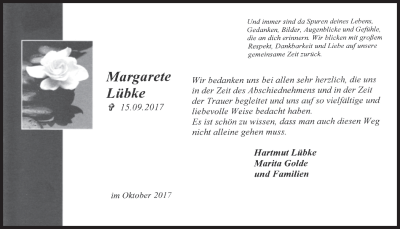  Traueranzeige für Margarete Lübke vom 02.11.2017 aus  Lokalanzeiger 