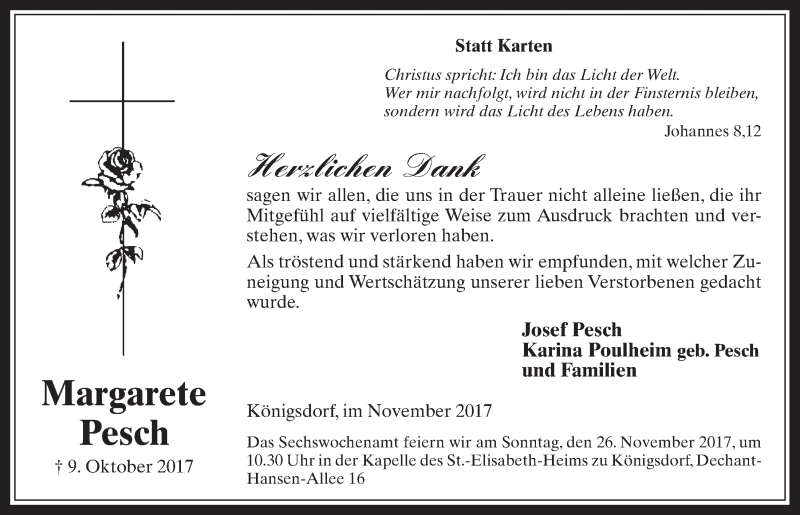  Traueranzeige für Margarete Pesch vom 22.11.2017 aus  Wochenende 