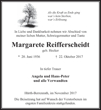 Anzeige von Margarete Reifferscheidt von  Wochenende 