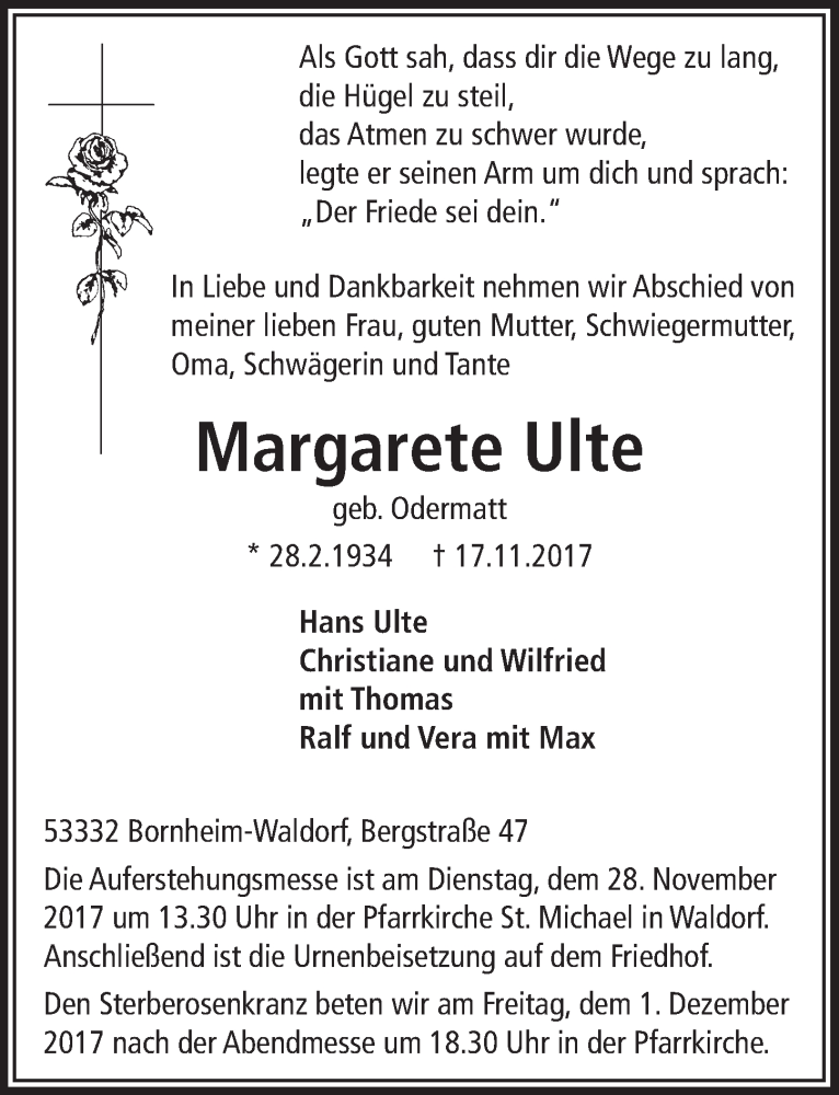  Traueranzeige für Margarete Ulte vom 22.11.2017 aus  Schaufenster/Blickpunkt 