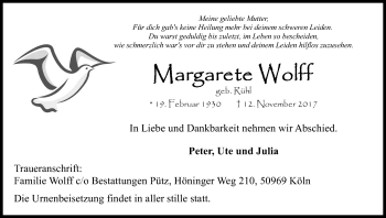 Anzeige von Margarete Wolff von Kölner Stadt-Anzeiger / Kölnische Rundschau / Express