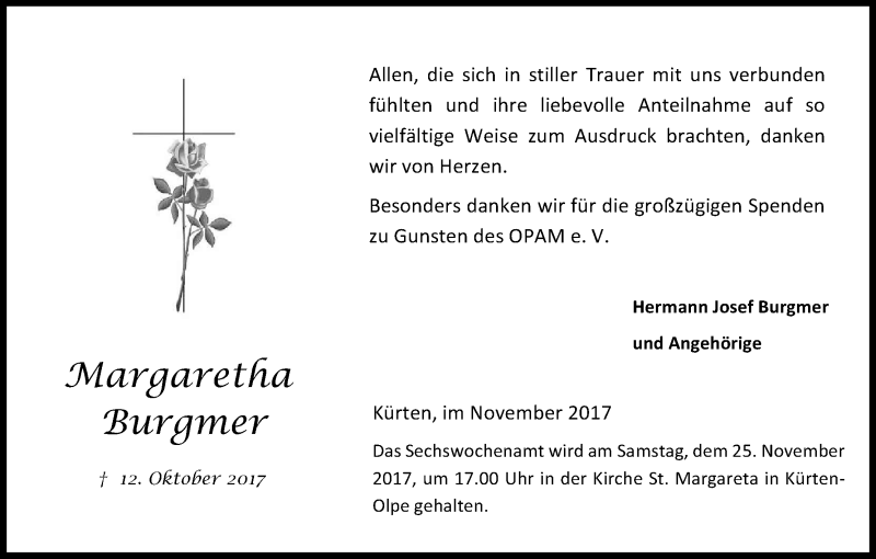  Traueranzeige für Margaretha Burgmer vom 18.11.2017 aus Kölner Stadt-Anzeiger / Kölnische Rundschau / Express
