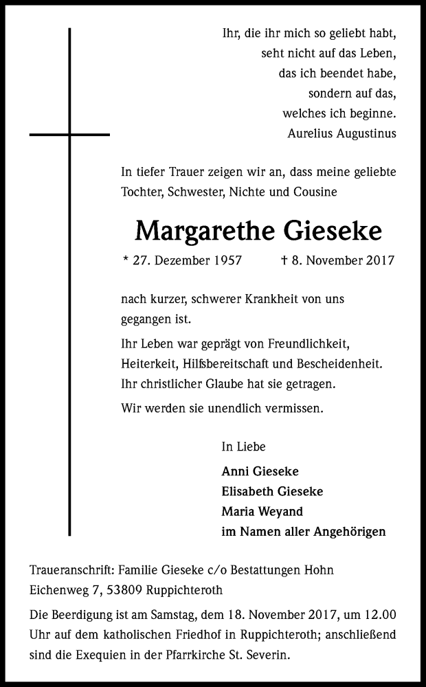  Traueranzeige für Margarethe Gieseke vom 14.11.2017 aus Kölner Stadt-Anzeiger / Kölnische Rundschau / Express