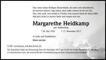 Anzeige von Margarethe Heilkamp von Kölner Stadt-Anzeiger / Kölnische Rundschau / Express