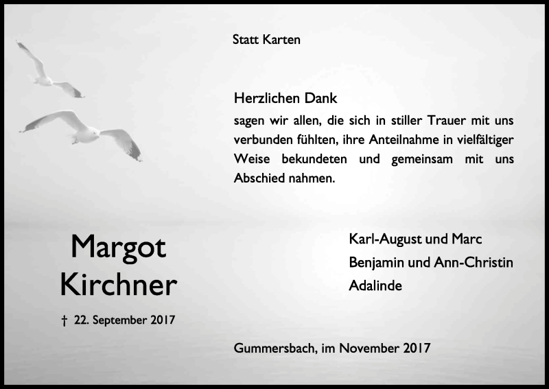  Traueranzeige für Margot Kirchner vom 04.11.2017 aus Kölner Stadt-Anzeiger / Kölnische Rundschau / Express