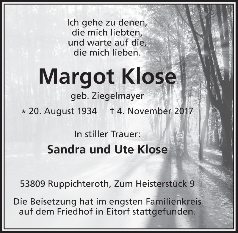  Traueranzeige für Margot Klose vom 15.11.2017 aus  Extra Blatt 