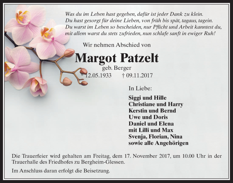  Traueranzeige für Margot Patzelt vom 15.11.2017 aus  Werbepost 