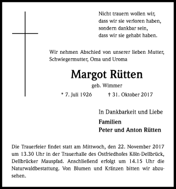 Anzeige von Margot Rütten von Kölner Stadt-Anzeiger / Kölnische Rundschau / Express