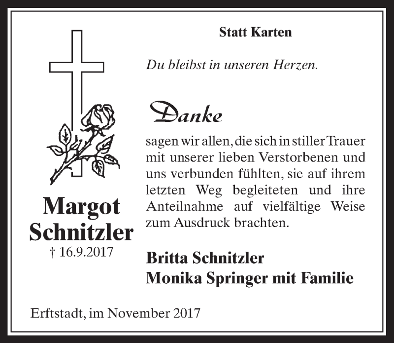  Traueranzeige für Margot Schnitzler vom 15.11.2017 aus  Werbepost 