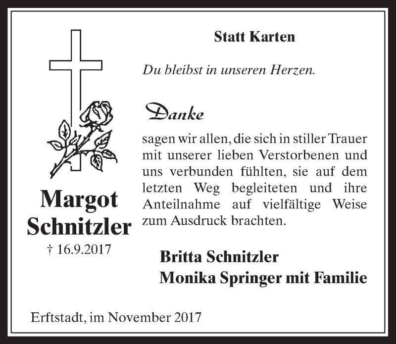  Traueranzeige für Margot Schnitzler vom 15.11.2017 aus  Werbepost 